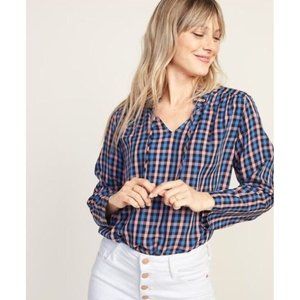Old Navy XS Checkered Plaid Mandarin Collar Tie V-Neck Front Blouse Top